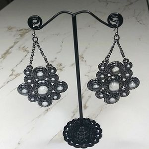 Gun Metal Color Crystal Glass Dangling Earrings